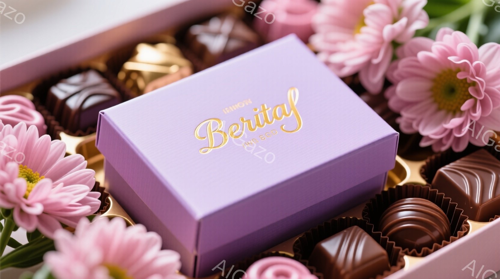 淡い紫色の上品なギフトボックスが、ピンク色のカーネーションに囲まれて配置されています。ボックスには金色の筆記体で「Beritaj」と書かれており、中には様々なチョコレート菓子が整然と並んでいます。全体的に、華やかで甘美な雰囲気が漂い、特別な日の贈り物や贅沢な時間を連想させます。