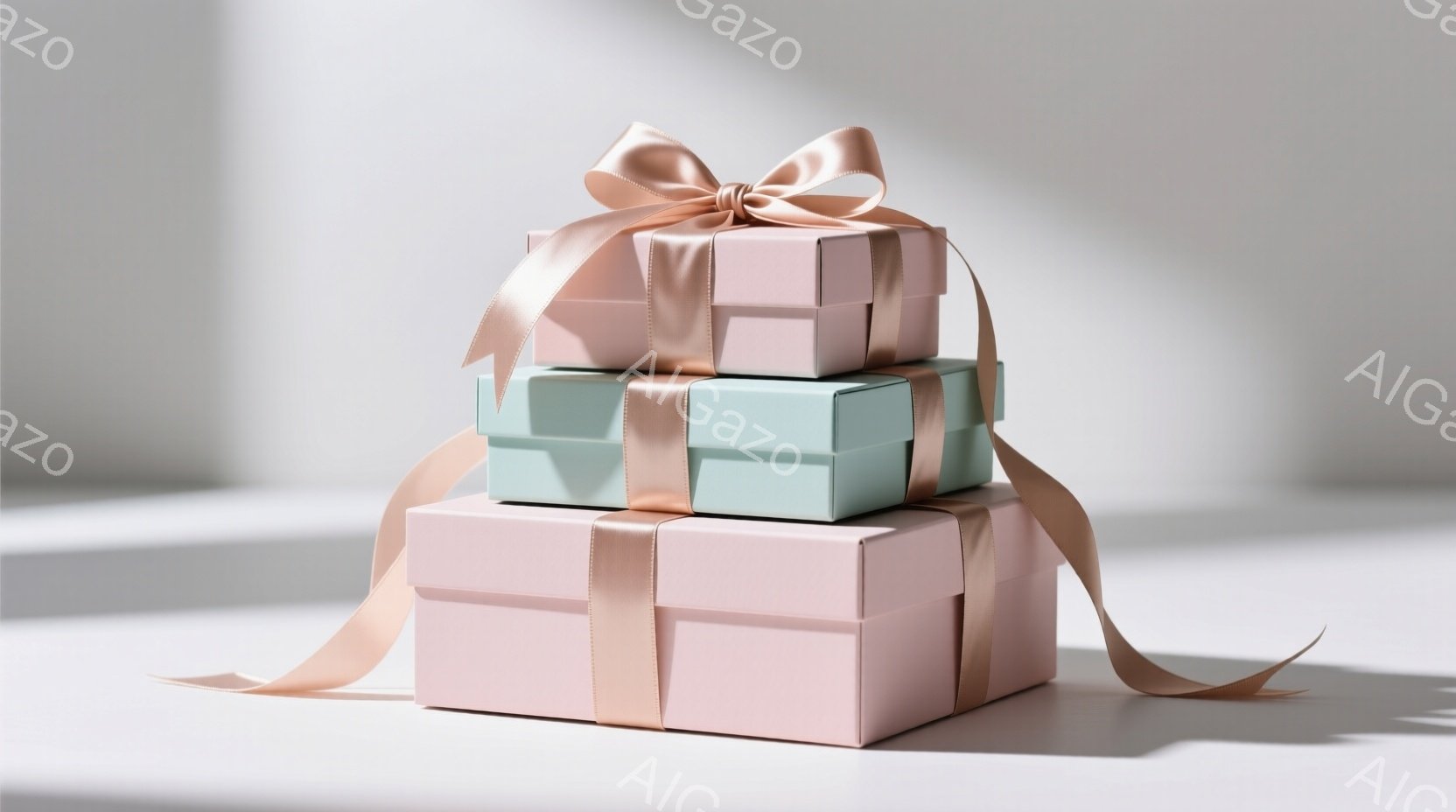 淡いピンクと水色のギフトボックスが三つ積み重ねられています。それぞれに薄いオレンジ色のリボンが巻かれ、上段の箱にはリボンの結び目がアクセントとして見えます。背景は白く、影が柔らかく落ちており、全体的に穏やかで上品な雰囲気を醸し出しています。