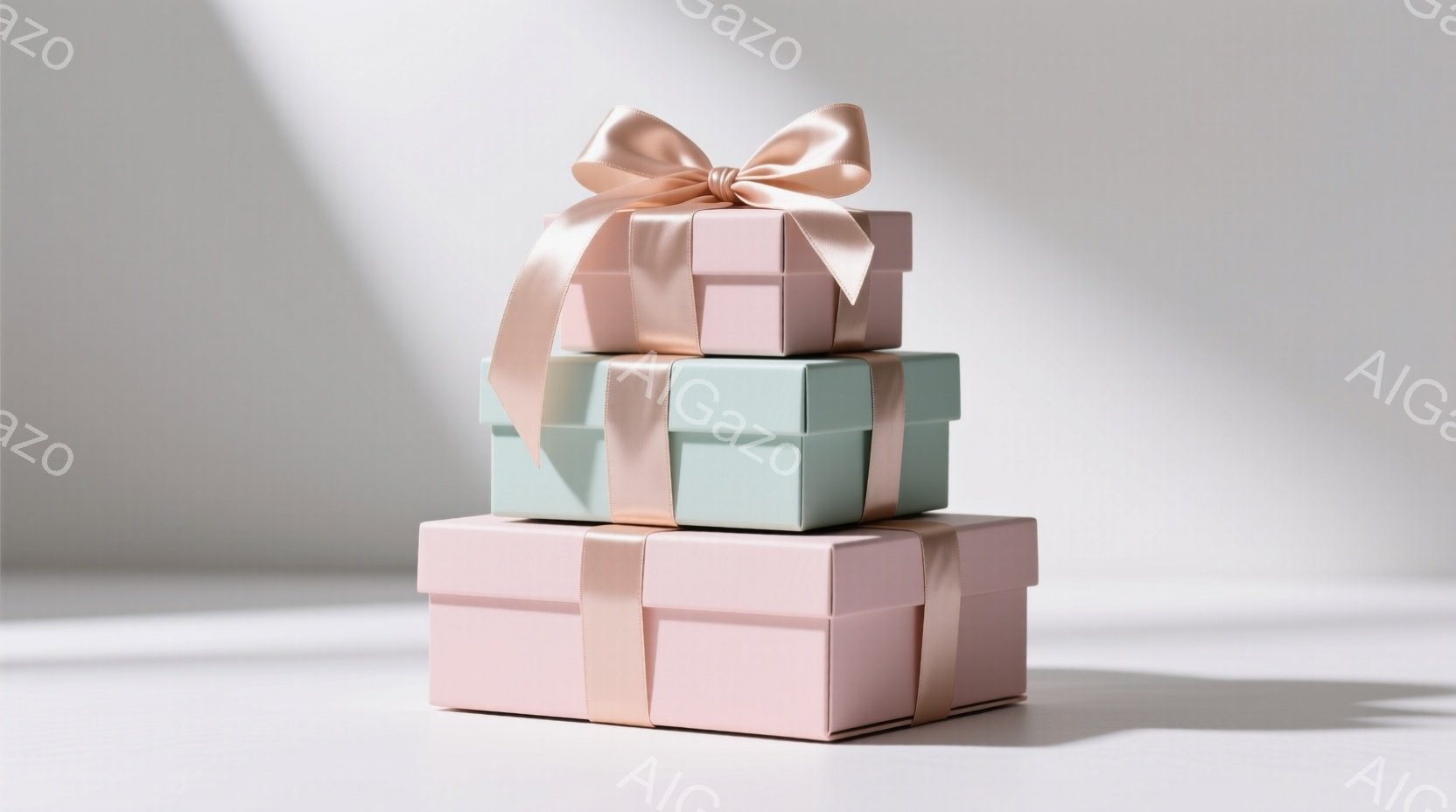 優しいピンクと水色のギフトボックスが三つ重なり、光沢のあるリボンが上段のボックスに結ばれています。背景は淡いグレーで、箱の影がはっきりと見え、静かで穏やかな雰囲気を醸し出しています。プレゼントのラッピ - AI生成フリー素材