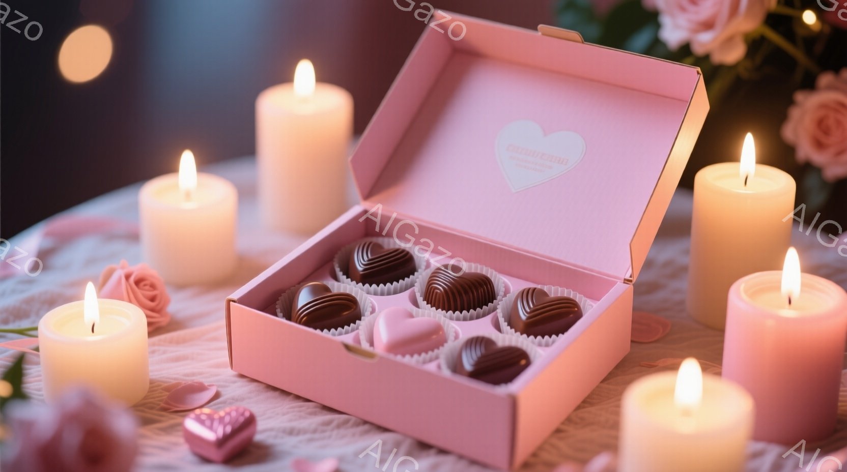 ピンク色のハート型のチョコレートが、ピンク色の箱の中に並べられています。箱の周りには、点灯したキャンドルとピンクと白のバラが配置され、ロマンチックで暖かい雰囲気を醸し出しています。背景はぼやけており、 - AI生成フリー素材