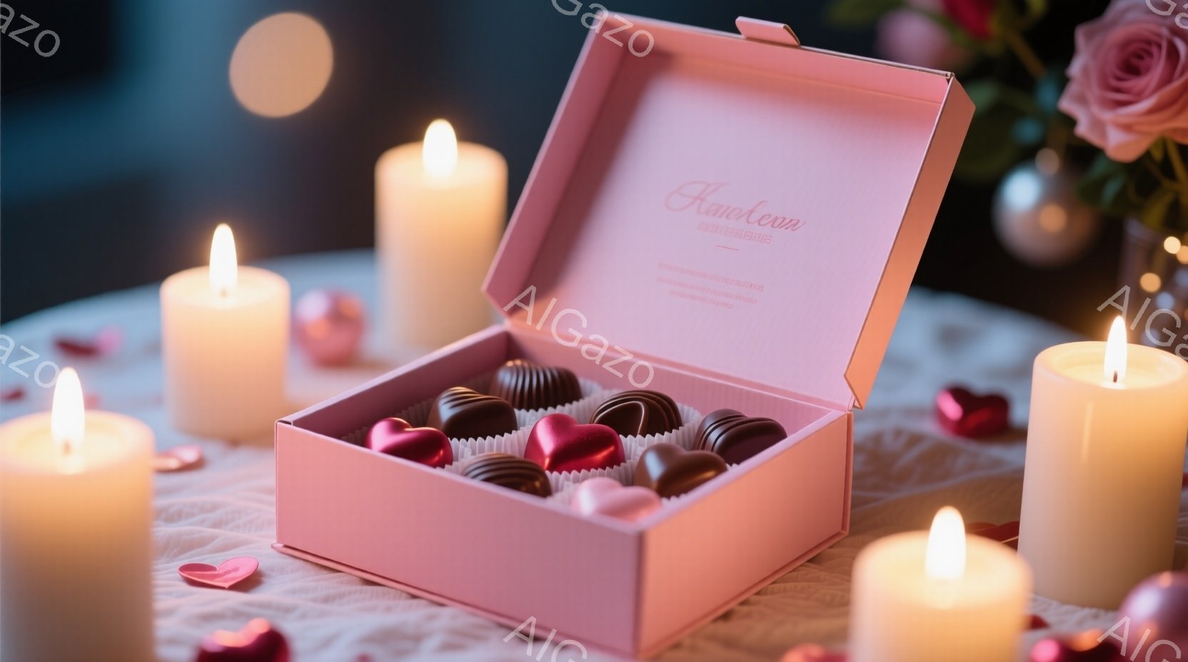 ピンク色の背景に、開いた箱の中に様々なチョコレートが並べられています。箱の周りには赤いハート形の紙吹雪が散りばめられており、背景にはぼやけた花や点在するキャンドルの光が暖かく照らしています。全体的にロ - AI生成フリー素材