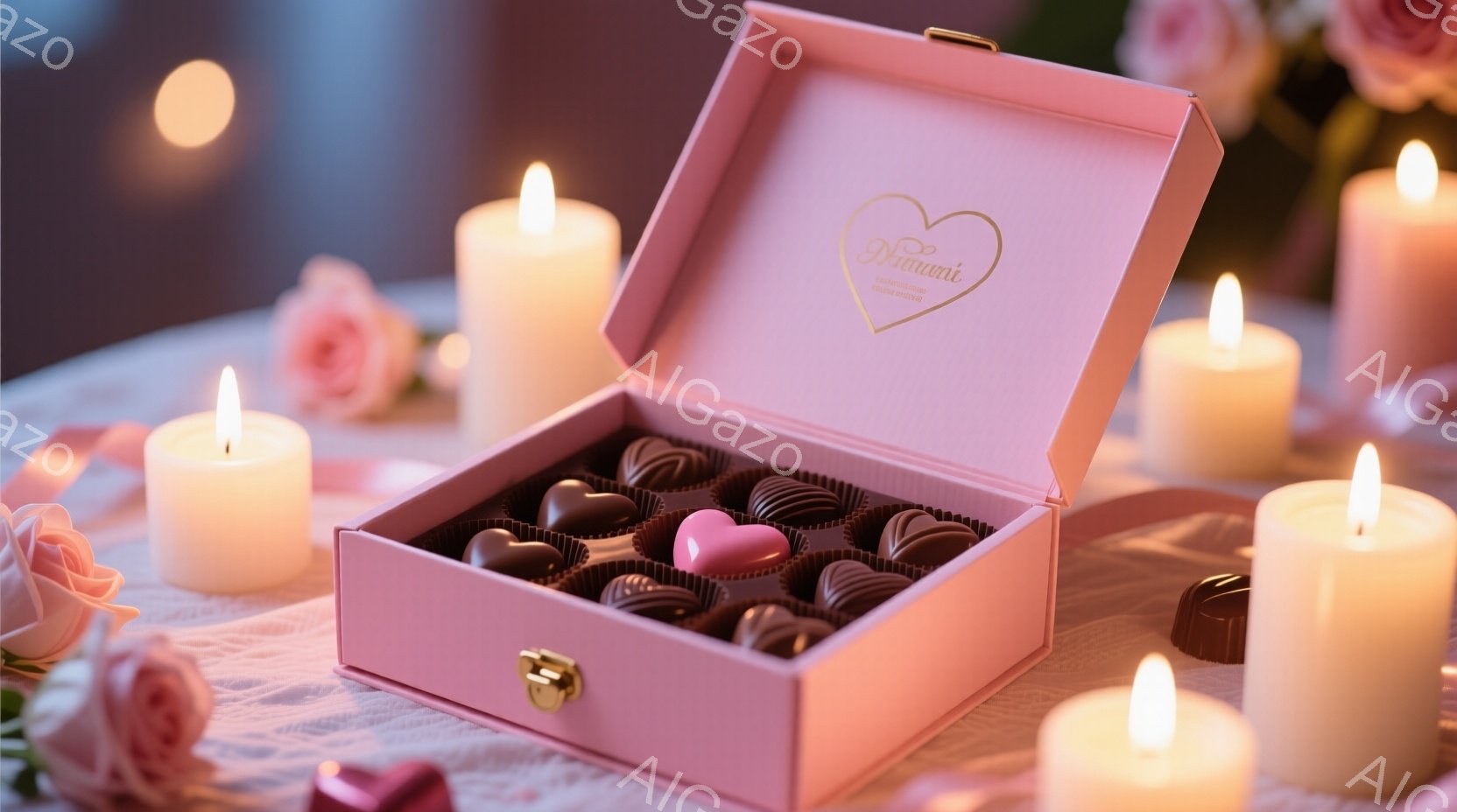 薄いピンク色の箱が開き、中にチョコレートが並んでいます。周りには点灯したキャンドルと、バラの花が飾られ、ロマンチックで優しい雰囲気を醸し出しています。全体的に柔らかい光が差し込み、バレンタインデーや特 - AI生成フリー素材
