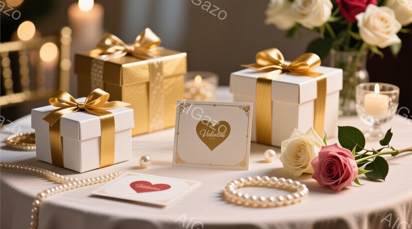 白いテーブルクロスの上に、金色のリボンで結ばれた白いギフトボックスがいくつか置かれています。バラと白い花が配置され、パールネックレスと「Valentine」と書かれたカードが添えられています。背景にはぼやけたキャンドルの光があり、ロマンチックで温かい雰囲気を醸し出しています。