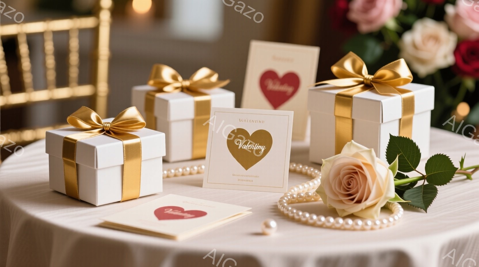 白いテーブルクロスの上に、リボンで結ばれた白いギフトボックスと、バラの花、そしてバレンタインデーのカードが置かれています。淡いピンクとクリーム色のバラが、優雅な雰囲気を醸し出し、真珠のネックレスがアクセントとして添えられています。全体的にロマンチックで上品なバレンタインデーの雰囲気が漂っています。