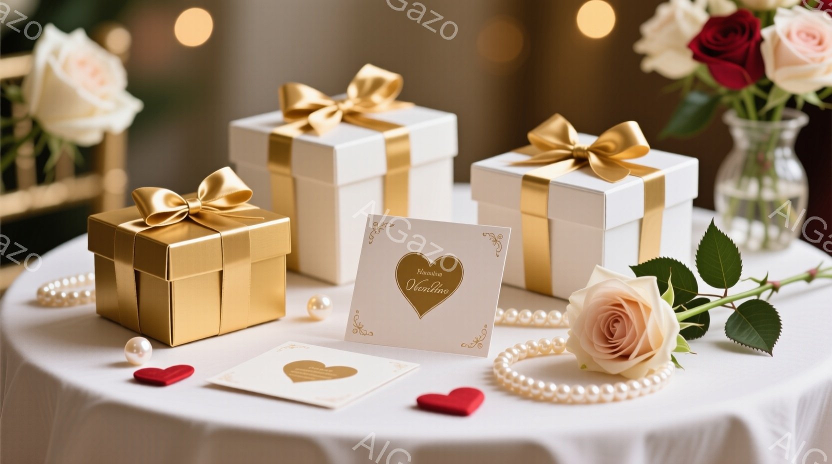 テーブルの上には、金色のリボンで結ばれた白いギフトボックスがいくつか並べられています。周囲には、薄いピンクと白のバラ、真珠のネックレス、赤いハート型の紙片が散りばめられ、特別な日の雰囲気を醸し出しています。背景はぼやけていますが、温かくロマンチックなムードを演出しています。