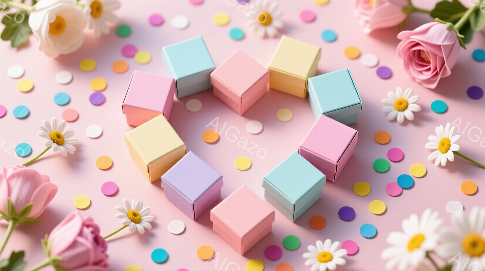 淡いピンク色の背景に、パステルカラーの小さな箱とカラフルな紙吹雪が散りばめられています。箱はそれぞれ異なる色合いで、全体に優しい雰囲気です。箱の周りには、白とピンクの花が配置され、華やかさを添えています。