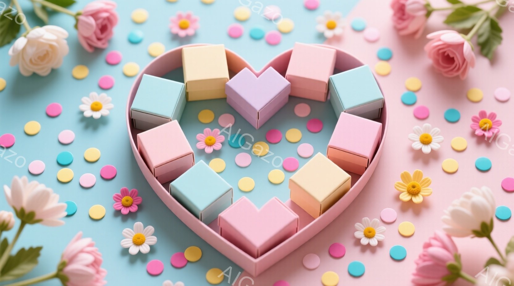 淡いピンク色のハート型の箱の中に、カラフルなキューブ状のお菓子が並べられています。箱の周りには、小さな丸いキャンディーのようなものが散りばめられ、明るいピンク、白、黄色の可愛らしい花々が添えられています。全体的にパステルカラーで統一された、甘く優しい雰囲気のイメージです。