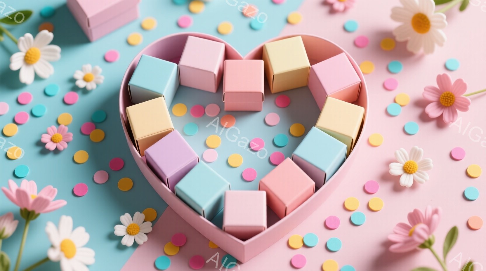 明るい水色の背景に、ピンク色のハート型の箱が置かれており、中にはカラフルな正方形のキャンディーが並んでいます。箱の周りには、ピンクや白の小さな花々や、カラフルな円形の紙吹雪が散りばめられ、お祝いやプレ - AI生成フリー素材