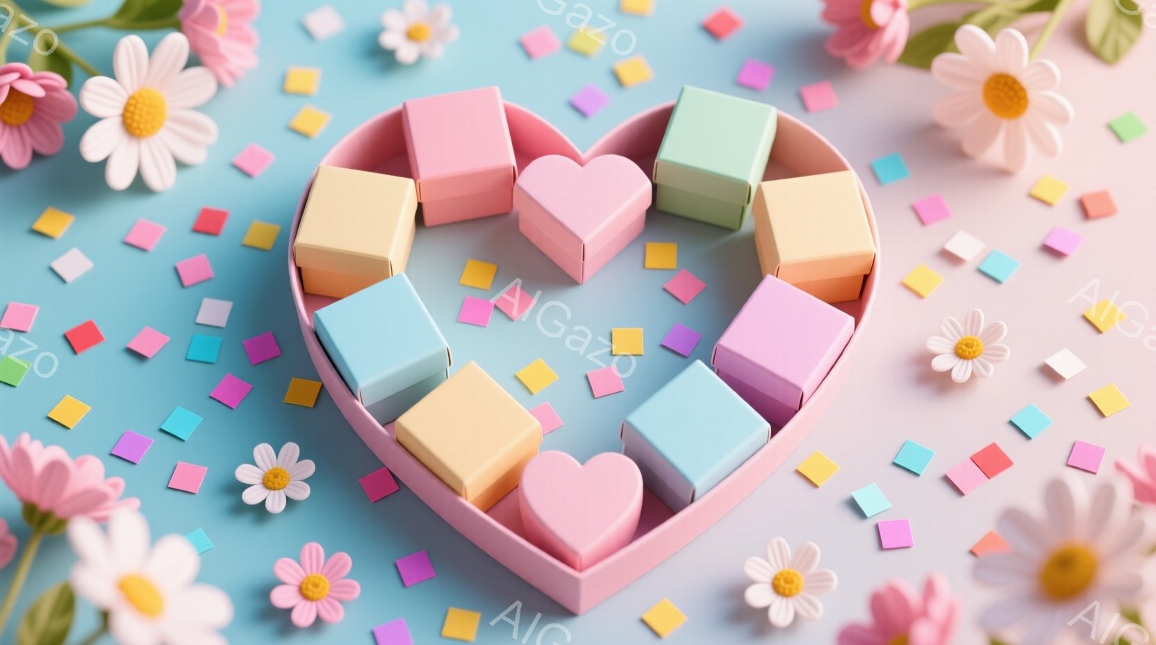 浅いピンク色のハート型の箱の中に、パステルカラーの立方体のキャンディーが並んでいます。箱の周りには、小さなカラフルな紙吹雪と白いデイジーの花が散りばめられており、全体的に明るく、甘い雰囲気を醸し出しています。背景は水色のグラデーションで、柔らかい光が差し込み、春らしい、お祝いのような印象を与えます。