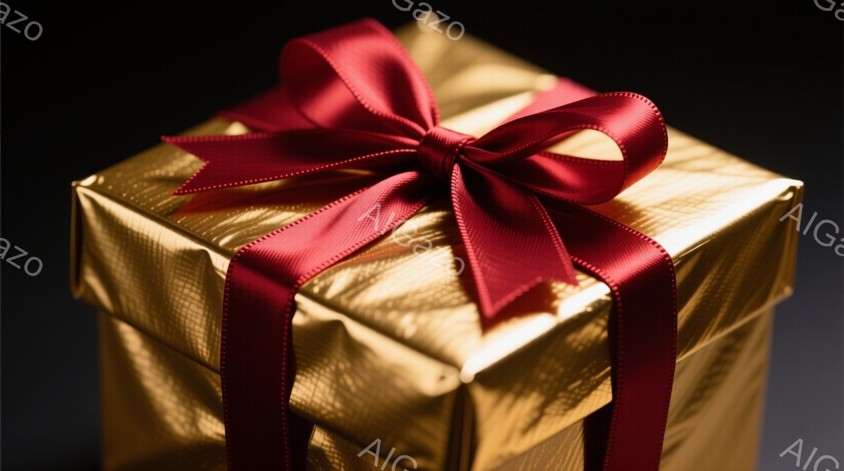 鮮やかな金色の包装紙で丁寧に包まれたプレゼントが写っている。赤いリボンが美しく結ばれ、贈り物に華やかさを添えている。背景は暗く、プレゼントが際立つようにライトが当てられている。
