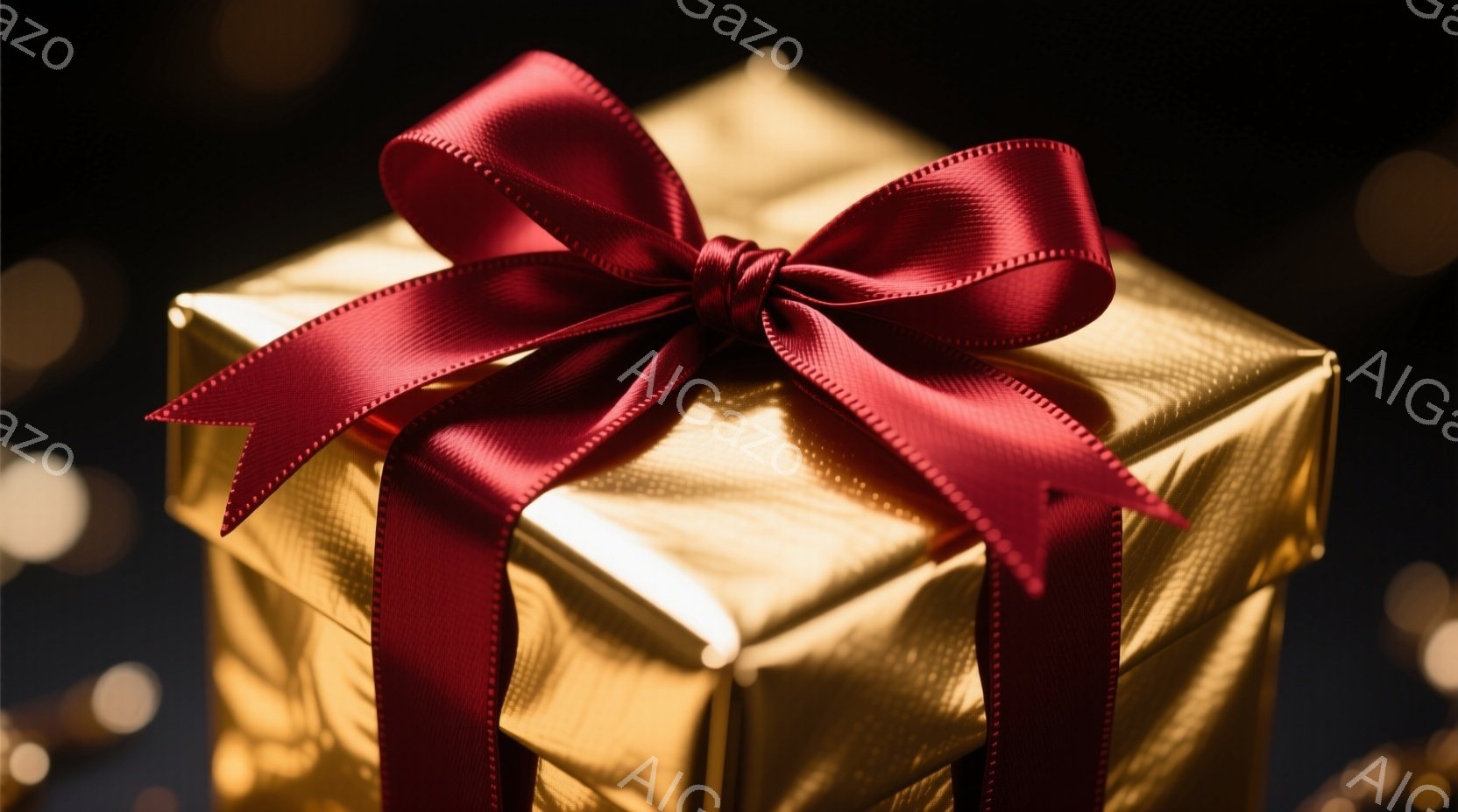 鮮やかな金色の包装紙で包まれたプレゼントが写っている。深紅のリボンが丁寧に結ばれており、高級感と喜びの予感が漂う。背景は暗く、ぼやけた光のぼかしがあり、プレゼントが際立って見える。 - AI生成フリー素材