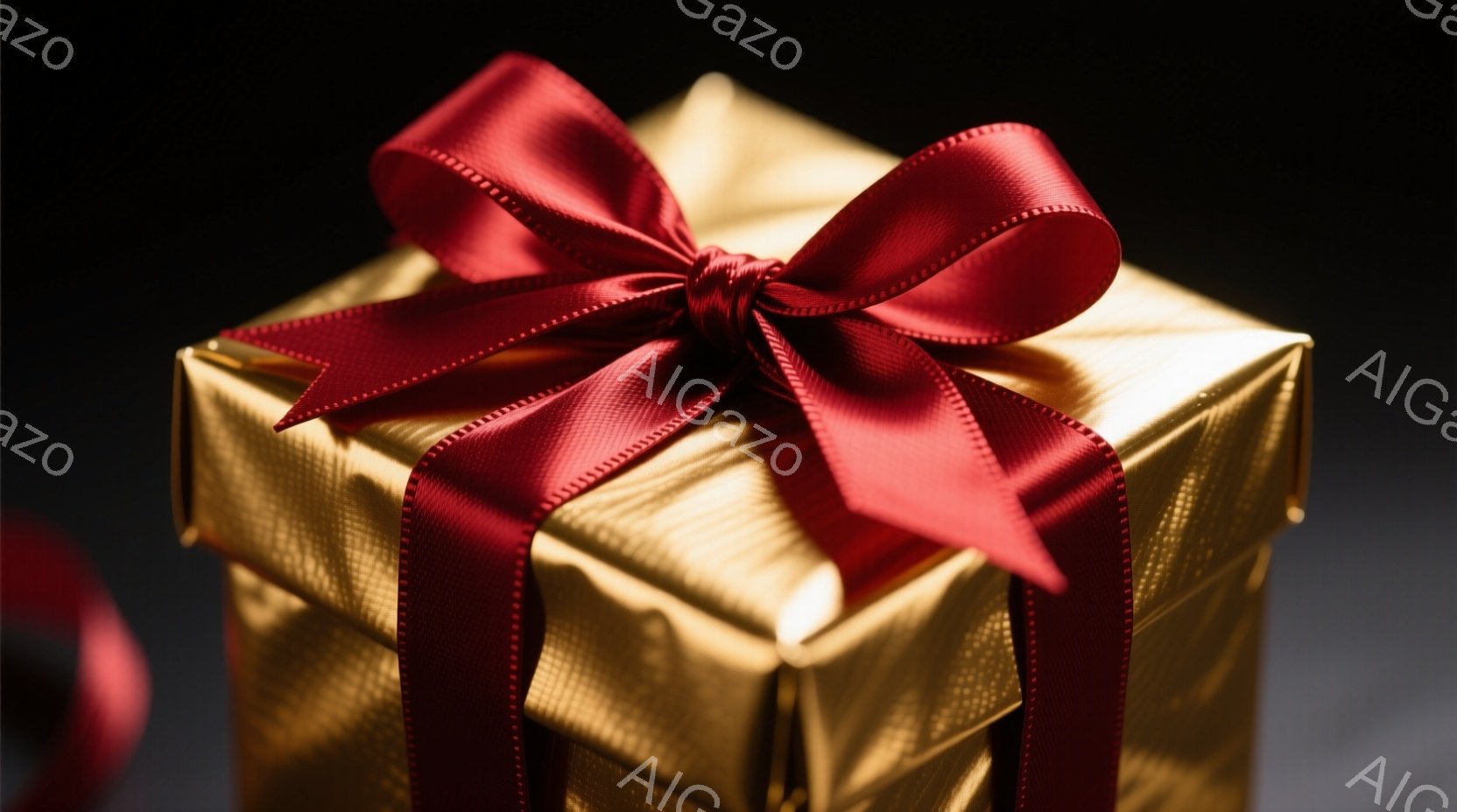 鮮やかな黄金色のギフトボックスが、深紅色のリボンで丁寧に飾られています。リボンは箱の上で大きく結ばれ、美しい装飾となっています。背景は暗く、ギフトボックスが際立っており、特別な機会や贈り物を示唆する、 - AI生成フリー素材