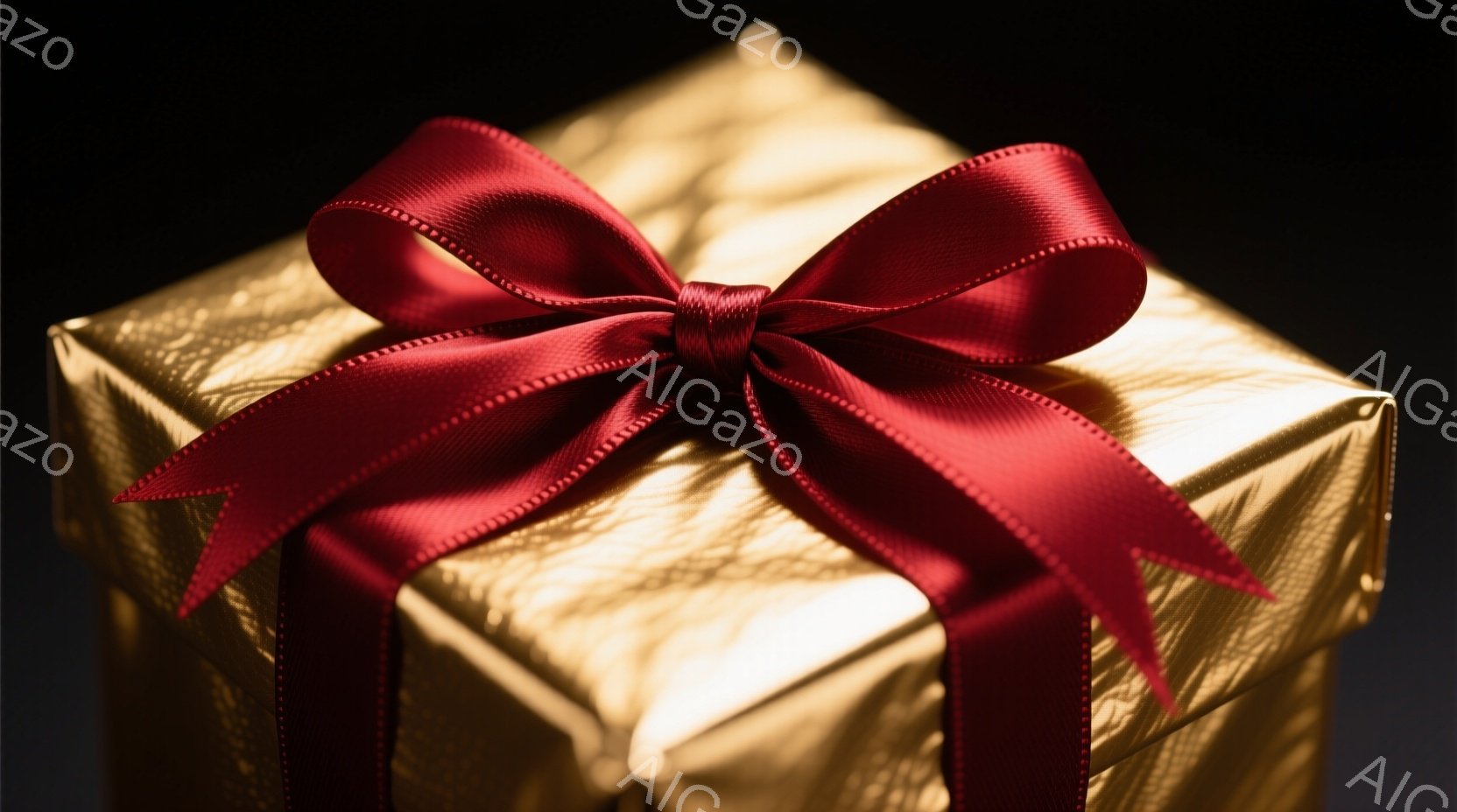 鮮やかな金色の包装紙で丁寧に包まれたプレゼントが中央に配置されている。深紅のリボンが、プレゼントの上部で大きなリボン結びとして飾られており、光沢があり、豪華な印象を与える。背景は暗く、プレゼントが際立 - AI生成フリー素材