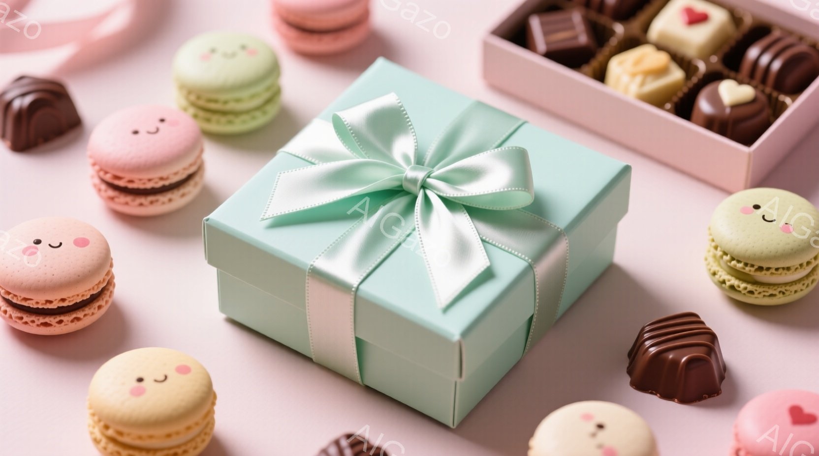 淡いピンク色の背景に、水色のギフトボックスが中央に置かれており、白いリボンで飾られています。マカロンやチョコレートがギフトボックスの周りに散りばめられており、可愛らしい雰囲気を作り出しています。全体的 - AI生成フリー素材