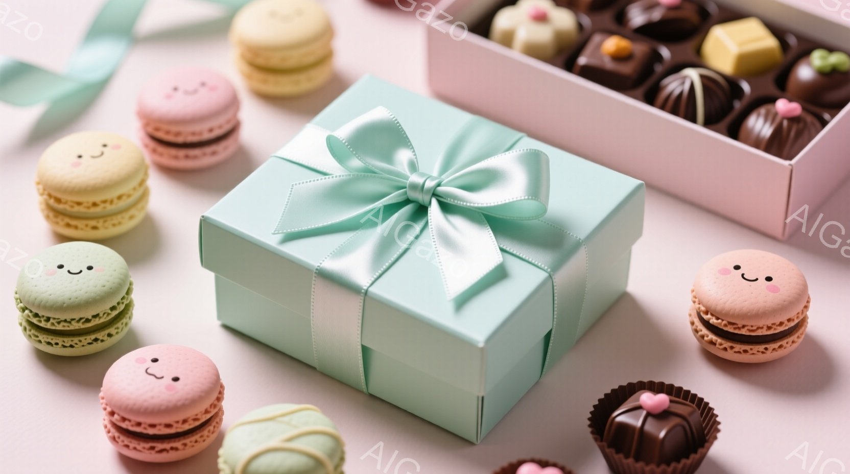 淡いピンク色の背景に、水色のギフトボックスとマカロン、チョコレートが並んでいます。マカロンには可愛らしい笑顔の顔が描かれており、チョコレートは箱の中に整然と並べられています。全体的に、パステルカラーで統一された、甘くて優しい雰囲気の静物画です。