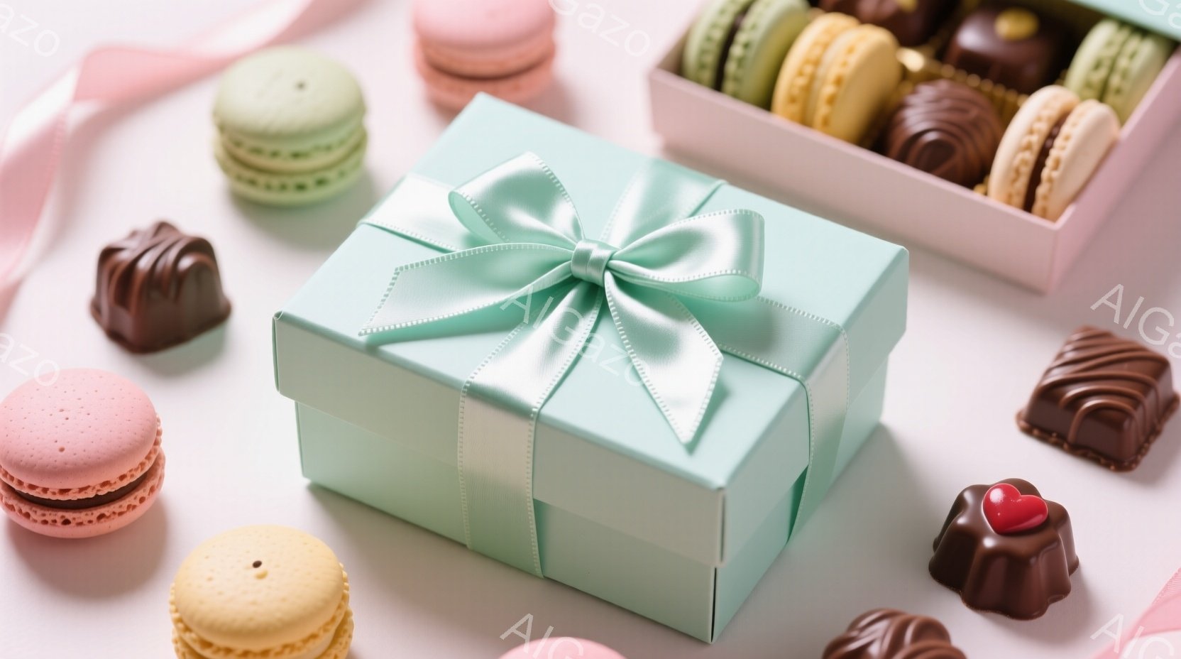 白い背景に、淡いターコイズブルーのギフトボックスが中央に配置され、明るいリボンで飾られています。マカロンとチョコレートが箱の周りに散りばめられ、パステルカラーの甘い色彩が楽しめます。全体的に柔らかく、お祝いムードを漂わせる、スイーツの魅力的な静物画です。