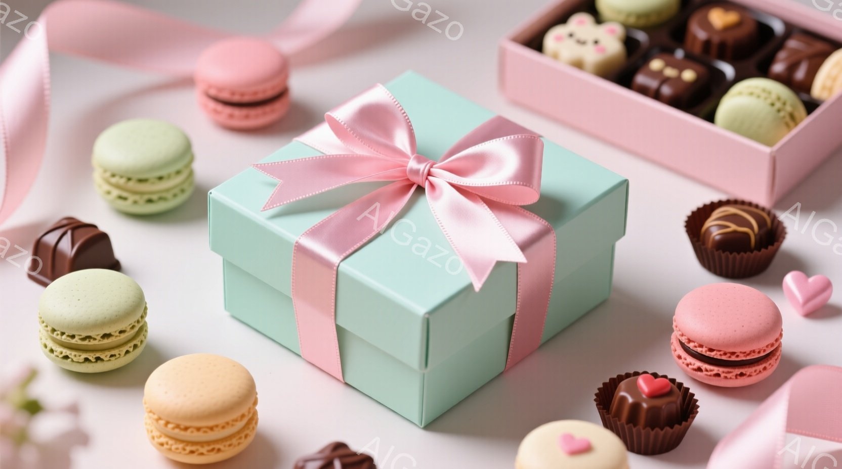 淡い緑色のギフトボックスがリボンの付いた状態で中央に置かれ、周囲にはカラフルなマカロンやチョコレートが散りばめられています。背景は白く、全体的にパステルカラーで柔らかく、甘い雰囲気を醸し出しています。贈り物とスイーツが組み合わさり、お祝いや特別な日のイメージを連想させます。