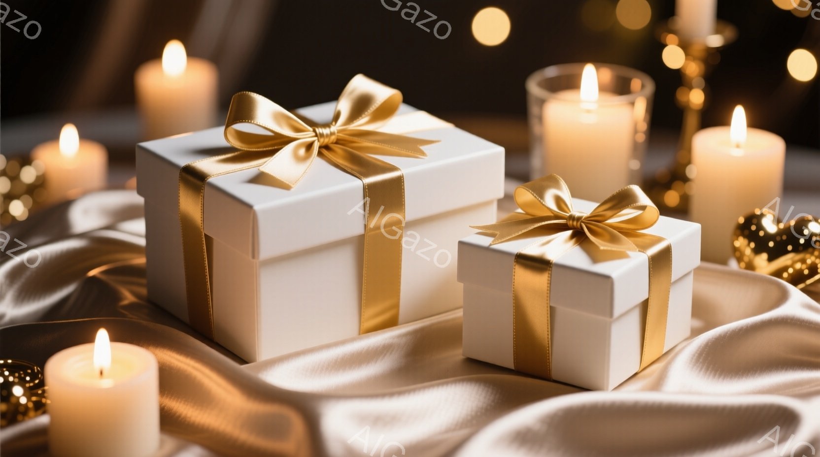 白いギフトボックスが二つ、光沢のあるシャンパンゴールドのリボンで飾られ、しわくちゃのシャンパンゴールドの生地の上に置かれています。周囲には数本の点灯したキャンドルが配置されており、背景にはぼやけた黄金 - AI生成フリー素材