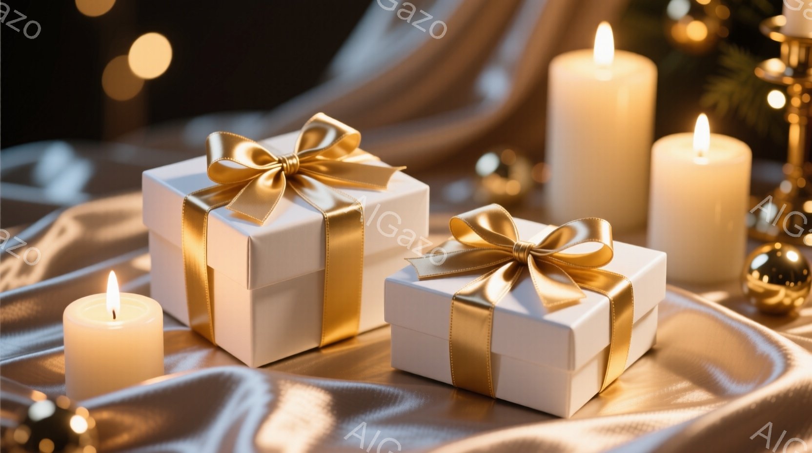 白いギフトボックスが2つ、金色のリボンで美しく飾られて、滑らかな金色の生地の上に置かれています。周囲には、温かい光を放つ火の灯ったキャンドルが配置され、背景にはぼやけた金色のオーナメントが散りばめられ - AI生成フリー素材