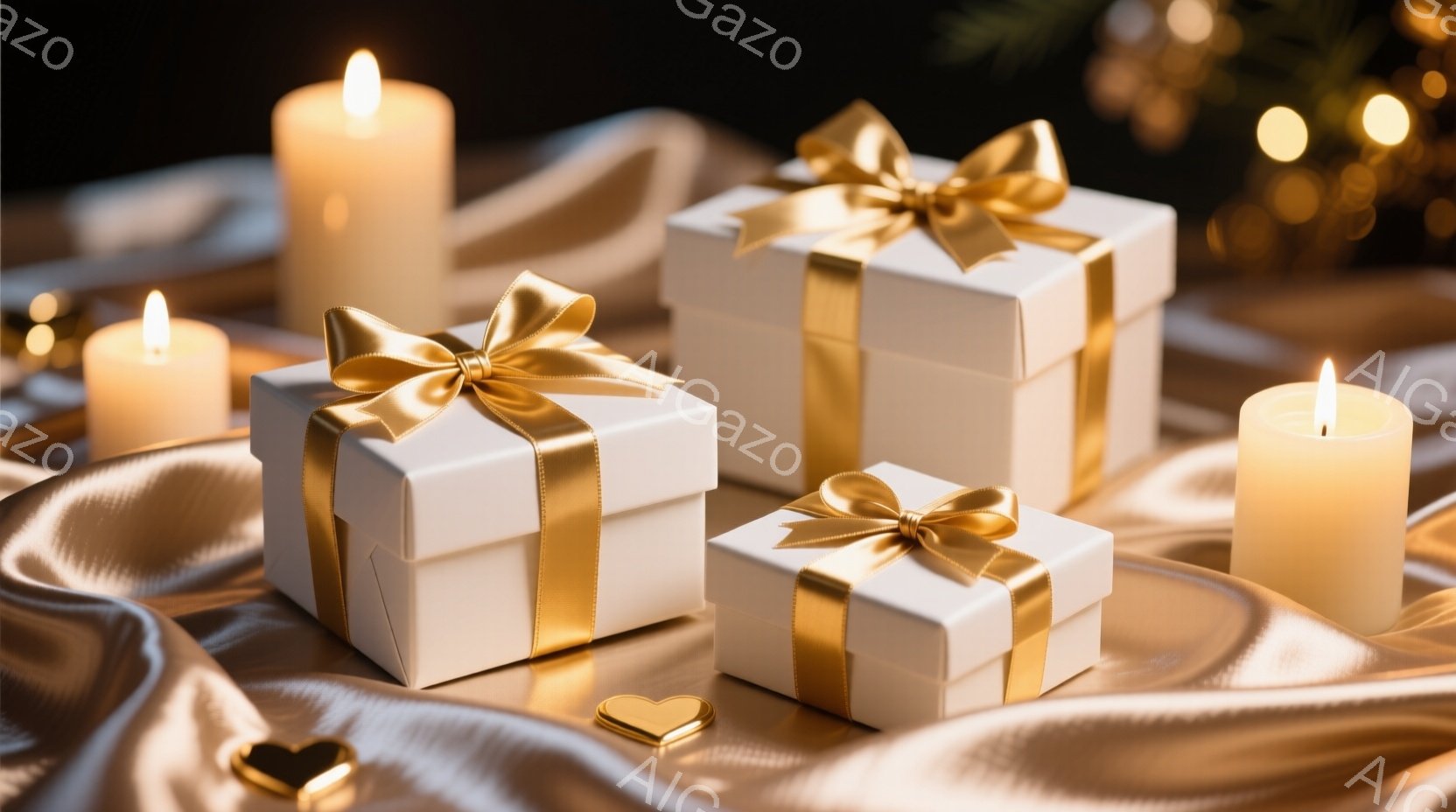 白いギフトボックスが、金色のリボンで美しく飾られ、光沢のある金色の布の上に置かれています。周囲には、温かい光を放つキャンドルが配置され、ロマンチックで豪華な雰囲気を醸し出しています。背景は暗くぼやけて - AI生成フリー素材