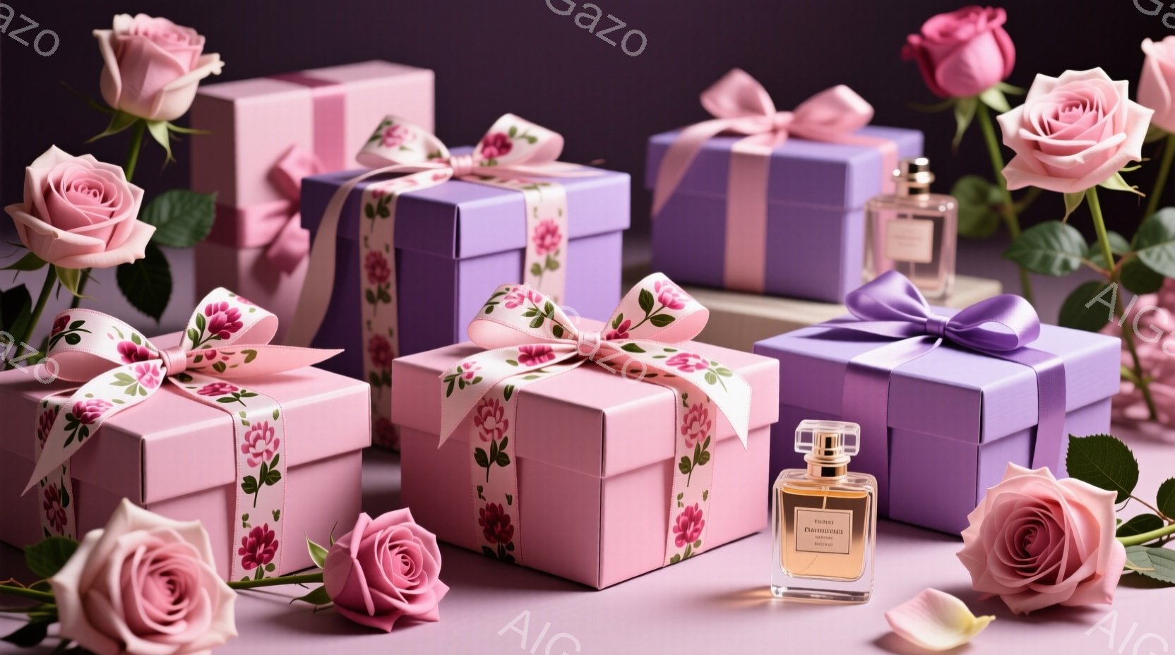 淡いピンクと紫色のギフトボックスが、柔らかい光の下で整然と並べられています。ボックスにはピンクの花柄のリボンが結ばれており、その隣には装飾的な香水瓶が置かれています。 背景は柔らかい紫色で、周囲にはピンクのバラの花が散りばめられ、全体として優雅でロマンチックな雰囲気を醸し出しています。