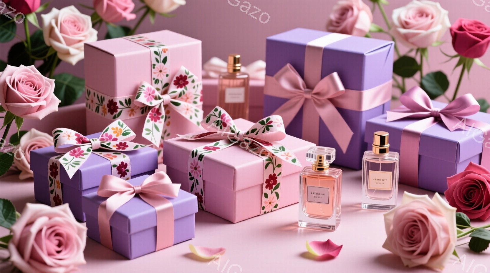 淡いピンク色の背景に、紫とピンクのラッピングされたギフトボックスと、オレンジ色の香水瓶が並んでいます。周りには、様々なピンク色のバラが咲き誇り、華やかな雰囲気を演出しています。全体的に柔らかく、優雅な印象を与える、ギフトや香水を中心とした静物画です。