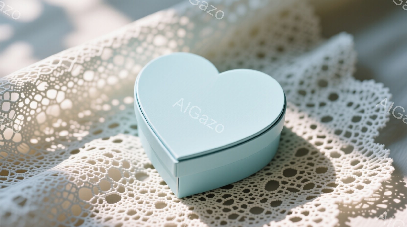 淡い水色のハート型の箱が、繊細なレース編みの白い布の上に置かれています。箱は少し光沢があり、閉じた状態で見られます。背景はぼやけており、明るく優しい雰囲気で、まるで贈り物や思い出を予感させるようです。