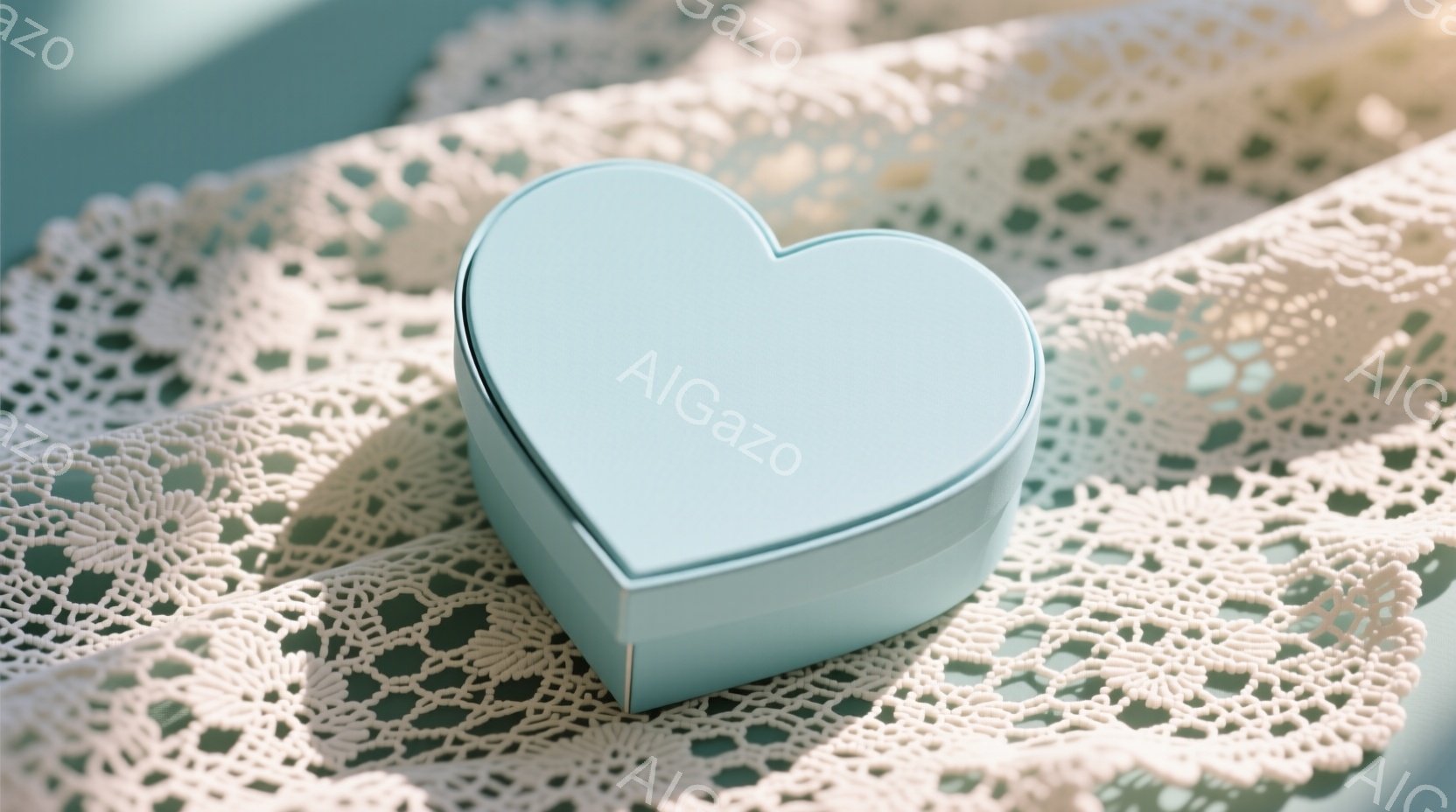 薄い水色のハート型の箱が、繊細なレース編みのドイリーの上に置かれています。箱は少し影を落としており、レース編みの模様が光と影で際立っています。全体的に柔らかい雰囲気で、愛情や贈り物を連想させる穏やかなイメージです。