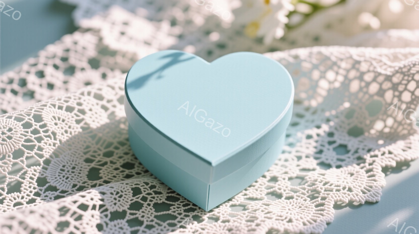 淡い水色のハート型の箱が、繊細なレース編みの敷物の上に置かれています。箱は少し影を落としており、柔らかい光が当たっています。背景はぼやけていますが、自然光の下で穏やかな雰囲気が漂っています。