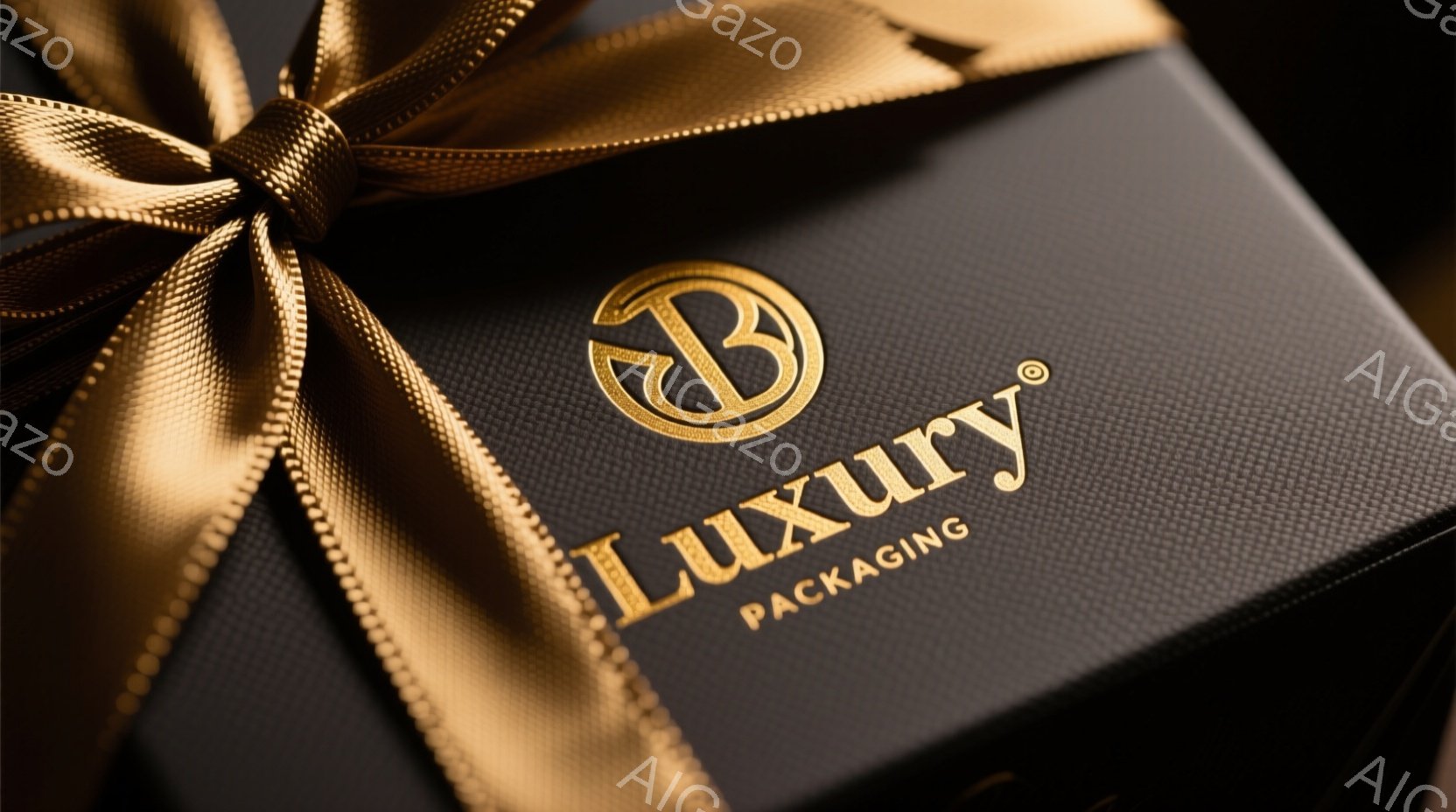 鮮やかな金色のリボンが結ばれた黒いギフトボックスが写っています。ボックスの前面には、「Luxury」という文字と、その下に小さな文字で「PACKAGING」という文字が金色の箔押しで施されており、高級 - AI生成フリー素材