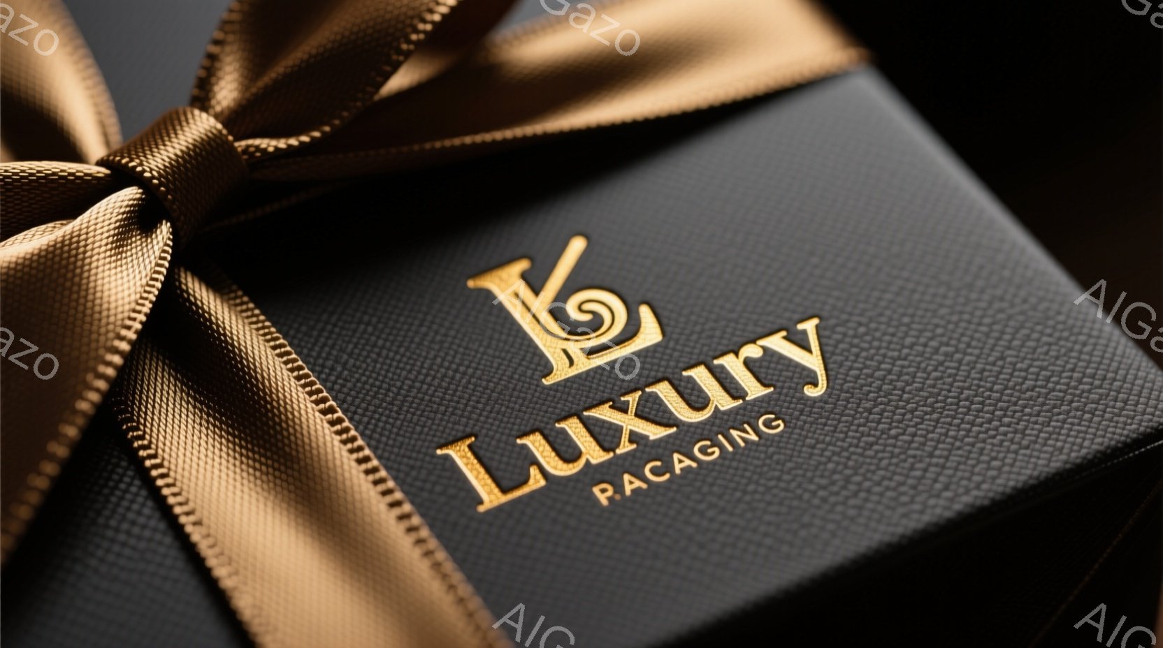 黒色のギフトボックスが写っており、光沢のある金色のリボンが結ばれています。ボックスの表面は細かいテクスチャで覆われ、金色のロゴ「Luxury」と「PACKAGING」の文字が上品に配置されています。全 - AI生成フリー素材