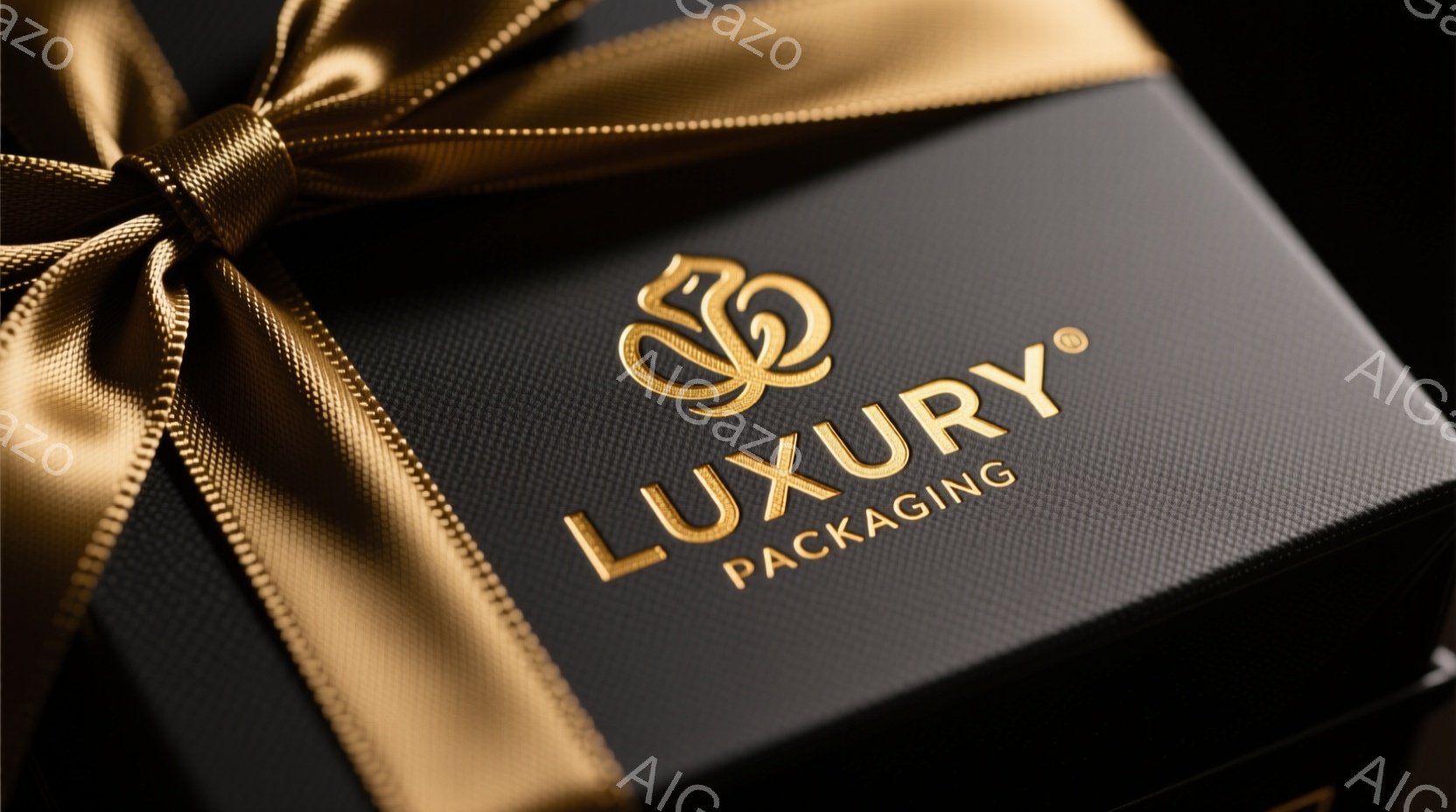 黒色のギフトボックスが、金色のリボンで美しく飾られています。ボックスの上には、「LUXURY PACKAGING」という金色の文字がエンボス加工されており、高級感と洗練された印象を与えます。全体的に暗い背景が、金色の輝きを際立たせ、エレガントな雰囲気を醸し出しています。