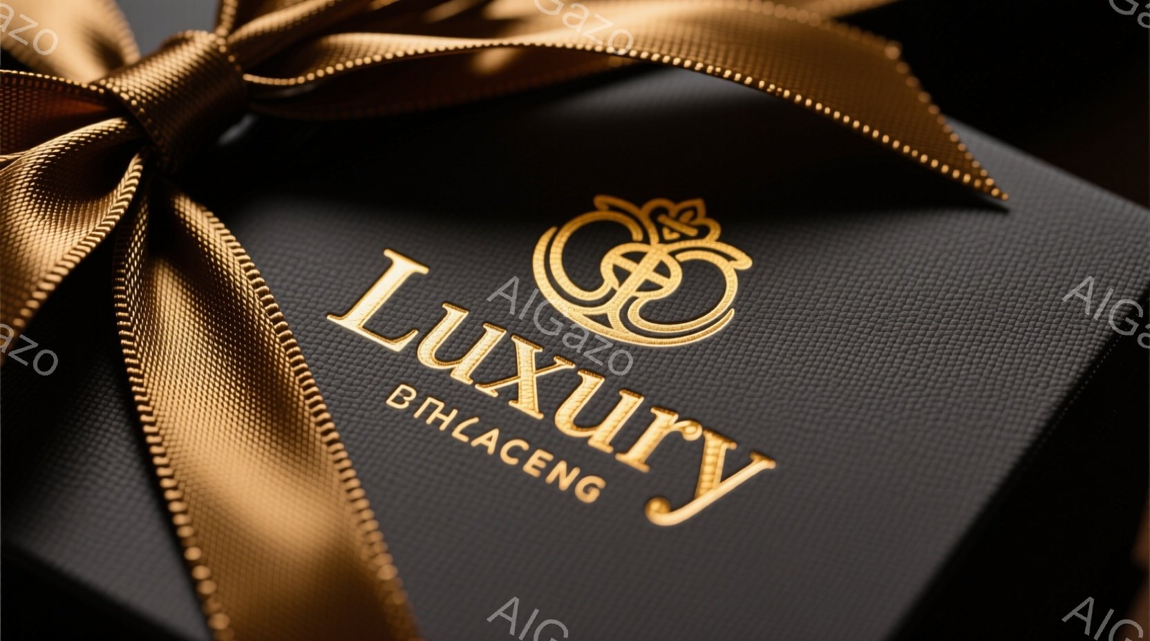 濃い茶色のテクスチャード加工された背景に、金色のリボンと「Luxury」という文字がエンボス加工されています。リボンの結び目が左上にあり、文字はリボンの下と右側に配置されています。「BTHLACENG」という小さな文字が、文字の下に控えめに記されています。