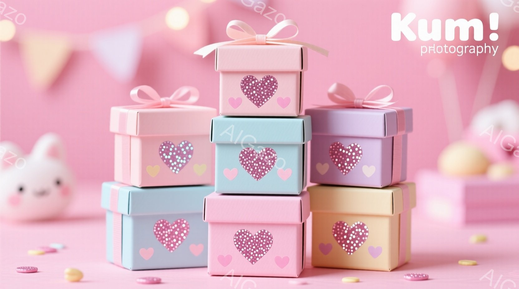 パステルカラーのギフトボックスが積み重ねられた、可愛らしいイメージです。各ボックスにはキラキラとしたハートの装飾が施され、リボンが結ばれています。背景は淡いピンク色で、キャンディや小さなウサギのぬいぐ - AI生成フリー素材