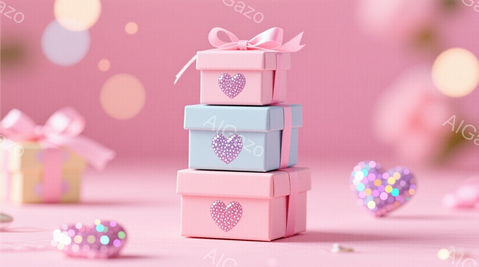 薄いピンク色の背景に、積み重ねられた3つのギフトボックスと、散らばるハート型のキラキラした装飾が写っています。各ボックスはパステルカラーで、正面には銀色のラメで装飾されたハート型のモチーフが付いています。全体的に柔らかく、華やかで、お祝いの雰囲気が漂っています。