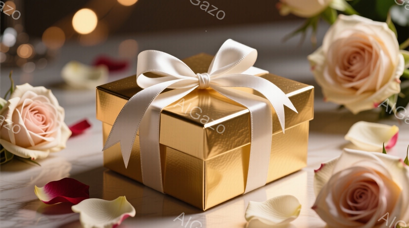 金色のギフトボックスが、白く光沢のあるリボンで結ばれ、大理石のような表面の上に置かれています。周囲には、散らばったバラの花びらと、淡いピンク色のバラが配置され、背景にはぼやけた光が灯っています。 全体的に優雅でロマンチックな雰囲気を醸し出しています。