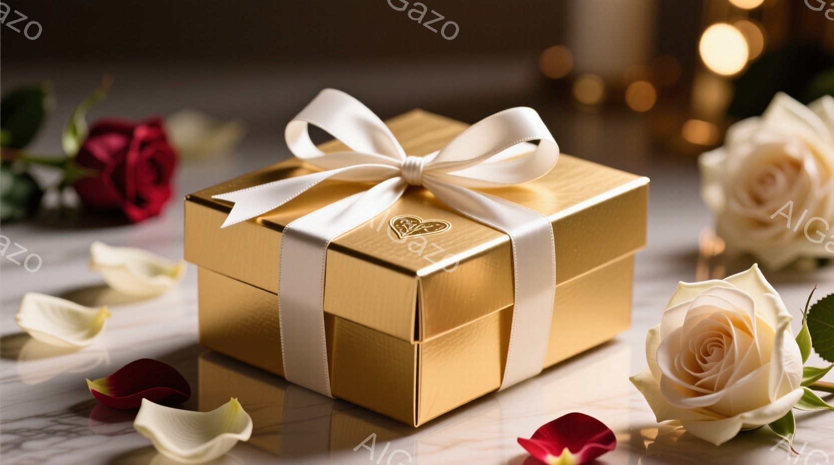 金色のギフトボックスが、大理石のような背景の上に置かれています。ボックスは白いリボンで結ばれており、表面にはハートの模様が施されています。周りには散りばめられたバラの花びらが、ロマンチックで豪華な雰囲気を醸し出しています。