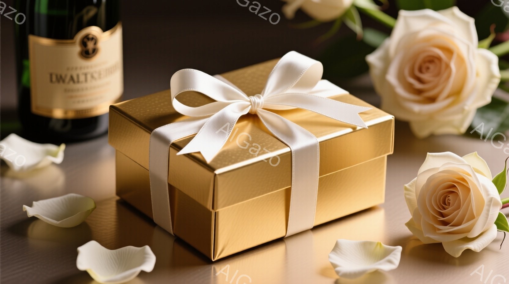 光沢のある金色のギフトボックスが中心に配置され、白いリボンで美しく飾られています。背景には、ワインボトルと散らばったバラの花びらがアクセントとして加わり、ロマンチックでエレガントな雰囲気を醸し出しています。全体的に、高級感があり、特別な機会や贈り物にふさわしい情景です。