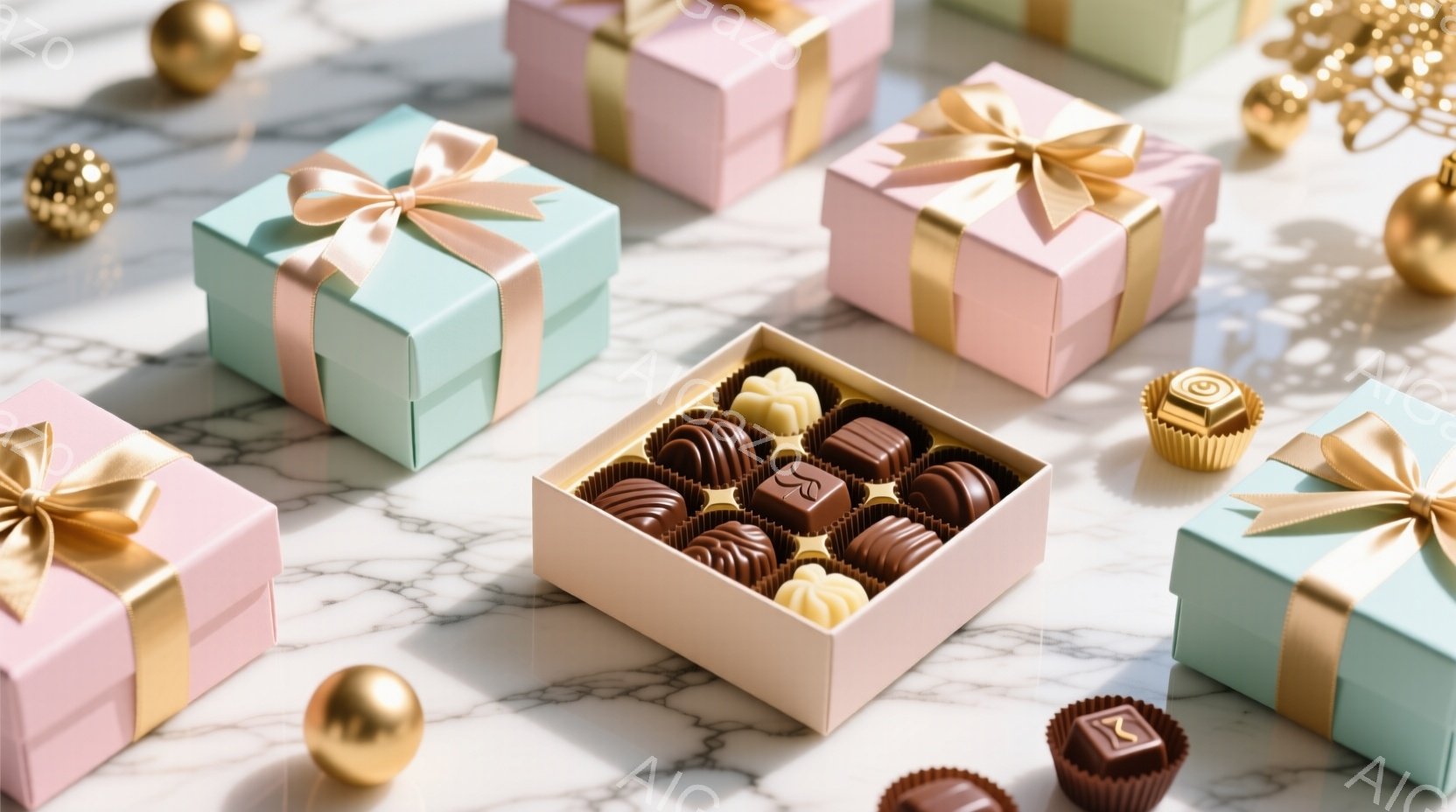 大理石模様の背景に、パステルピンクと水色のギフトボックスとチョコレートが並んでいます。ギフトボックスには金色のリボンが結ばれており、チョコレートは様々な色と形をしており、特にチョコレートの箱の中身はよく見えます。全体的に、優雅で甘い雰囲気が漂っています。