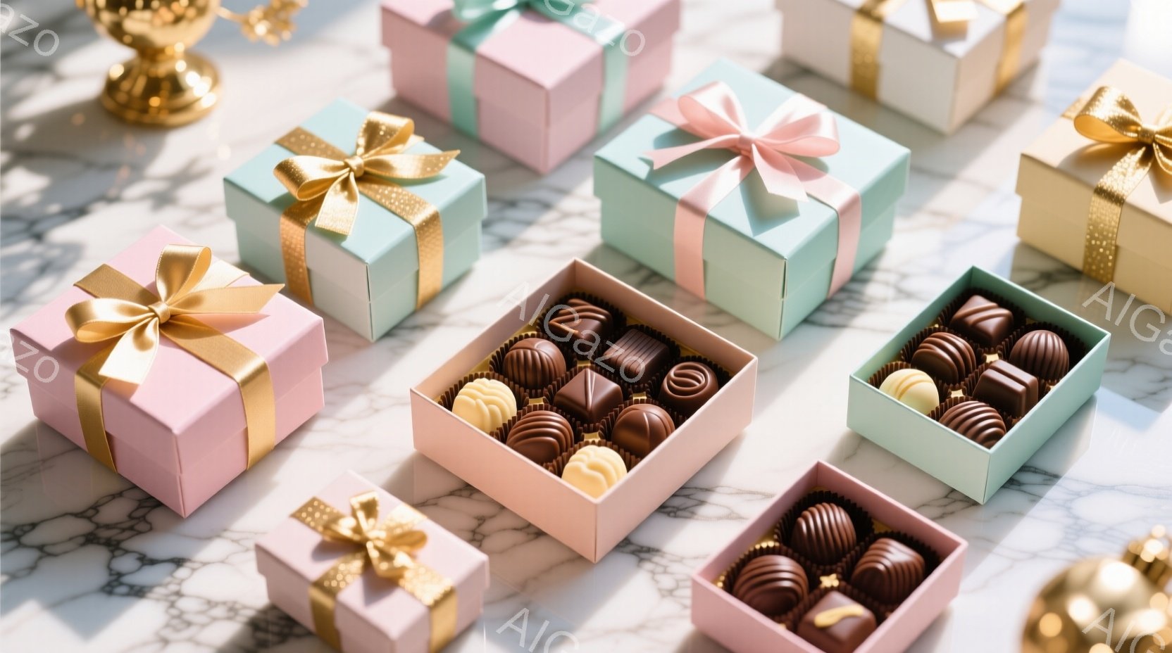 大理石模様の背景に、ピンクや水色のギフトボックスと、カラフルなチョコレートが並べられています。ギフトボックスには金色のリボンが結ばれており、チョコレートは様々な形と色合いで、美味しそうに整然と並んでい - AI生成フリー素材