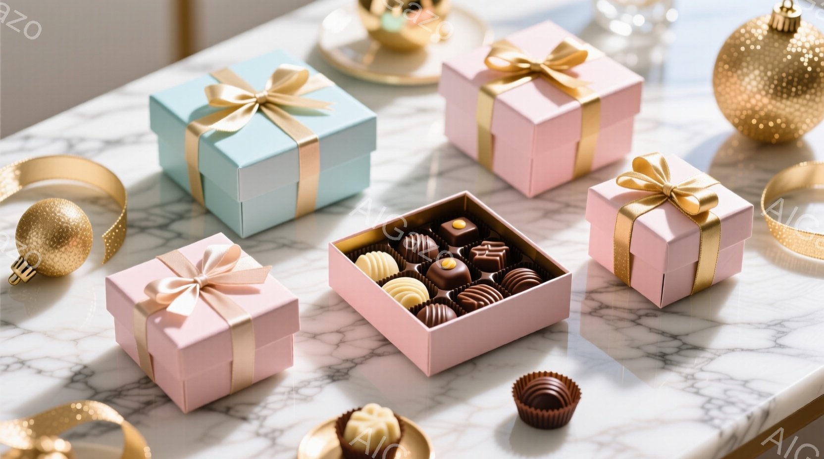 大理石のような背景に、ピンクと水色のギフトボックスが並べられています。ボックスには金色のリボンが結ばれており、開いた箱の中には様々なチョコレートが並んでいます。背景には金色のオーナメントやチョコレートが散りばめられており、華やかで上品な雰囲気を醸し出しています。