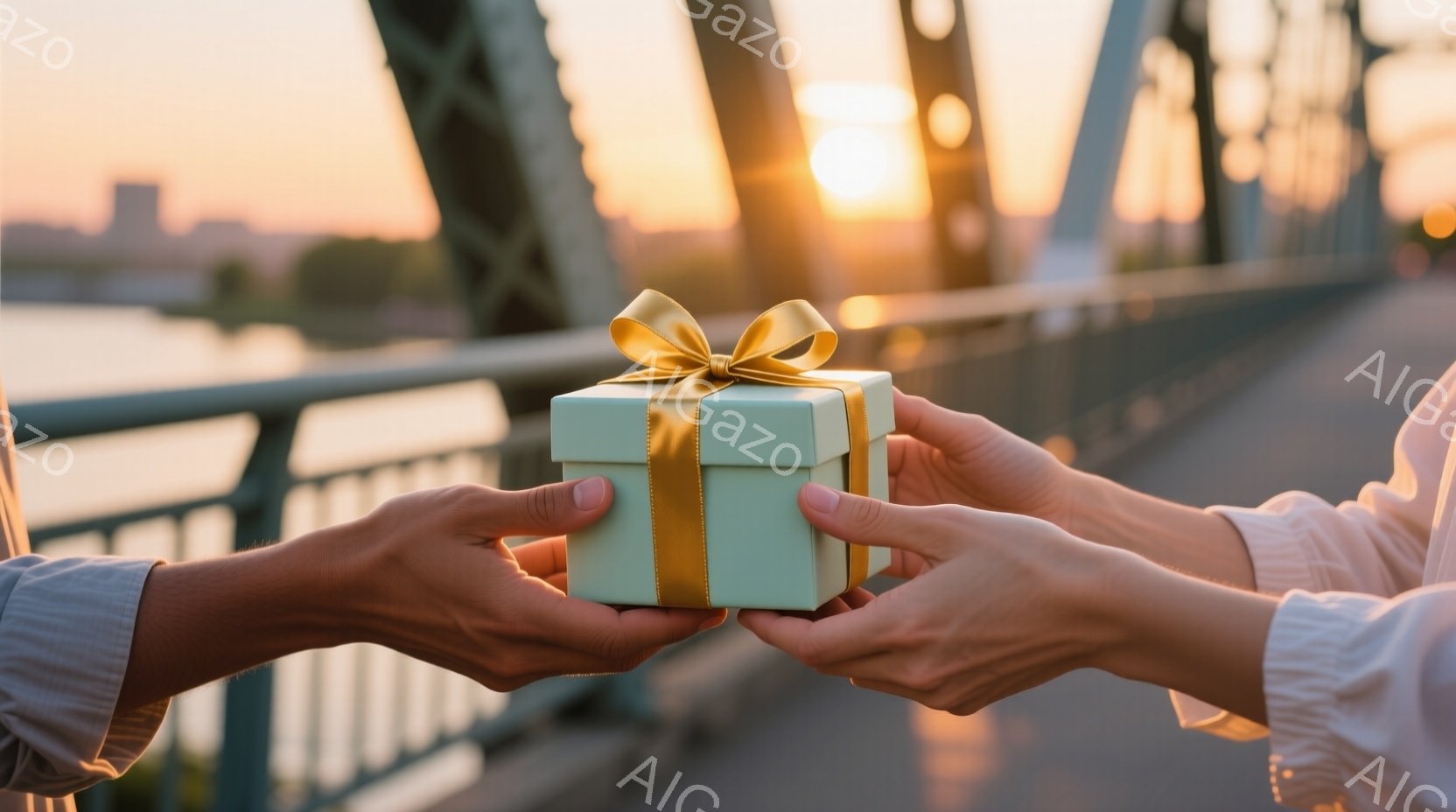 二人の手が、淡い緑色のリボンで結ばれた小さなギフトボックスを互いに向けて差し出している。背景には、夕焼けに照らされた川と、複雑な構造を持つ橋の一部が見える。全体的に温かい光と色彩が、贈り物を受け渡す穏やかでロマンチックな雰囲気を醸し出している。