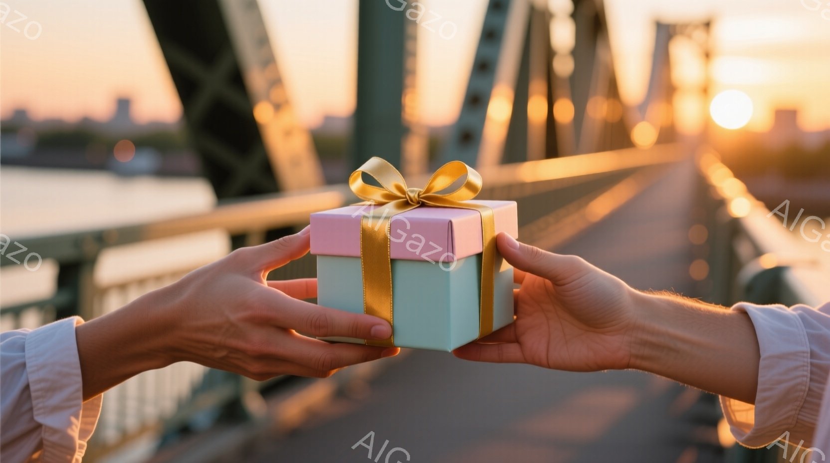 左右の手が、薄いピンクと水色の包装紙で包まれた小さなギフトボックスを渡す準備をしている様子が写っている。背景は金属製の橋の一部で、夕焼けのオレンジ色と空の淡い青色がグラデーションを描き、穏やかな雰囲気を醸し出している。この光景は、贈り物を受け取る喜びと、暖かい人間関係を連想させる。
