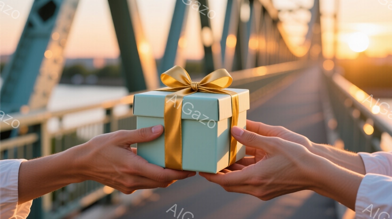 左右の手が、淡い水色のギフトボックスを携えている。ギフトボックスは金色のリボンで美しく飾り付けられており、贈り物をする、もしくは受け取る瞬間を捉えているようだ。背景には、夕暮れ時の穏やかな水面と、緑色 - AI生成フリー素材