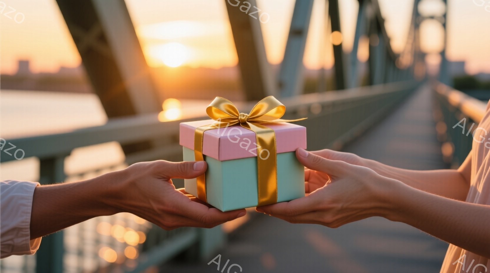 左右の手に、ピンクと水色のラッピングペーパーで包まれた贈り物が見える。背景には、夕焼けに照らされた橋と水面が広がり、暖かくロマンチックな雰囲気を醸し出している。贈り物は両手で大切に差し出され、または受け取られようとしている様子が、温かい感情を想起させる。