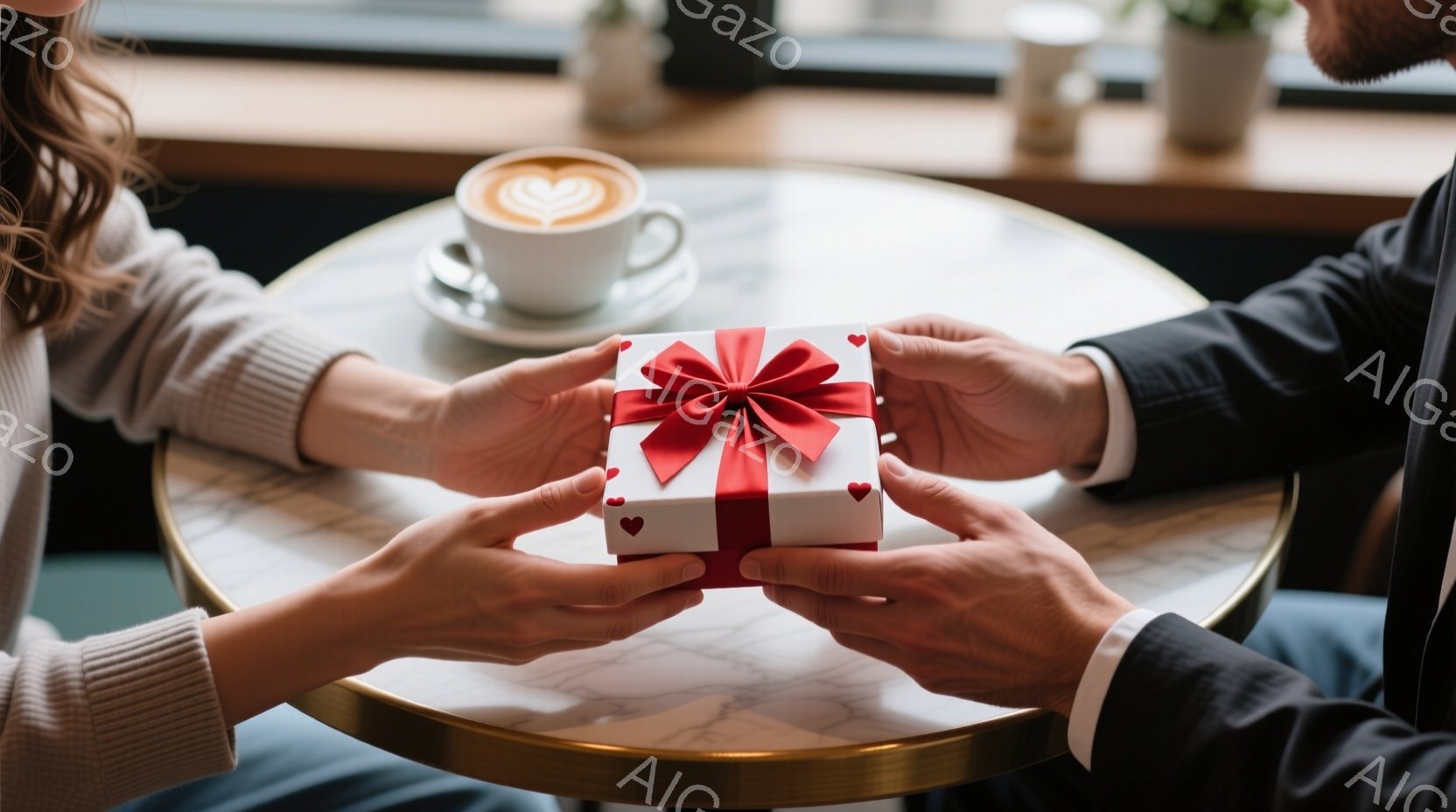 テーブルの上で、一人が白いリボンとハートが飾られた白いギフトボックスを他の人に差し出している様子が写っている。贈る人は黒いジャケットを着ており、受け取る人はベージュのセーターを着ている。背景には、コー - AI生成フリー素材