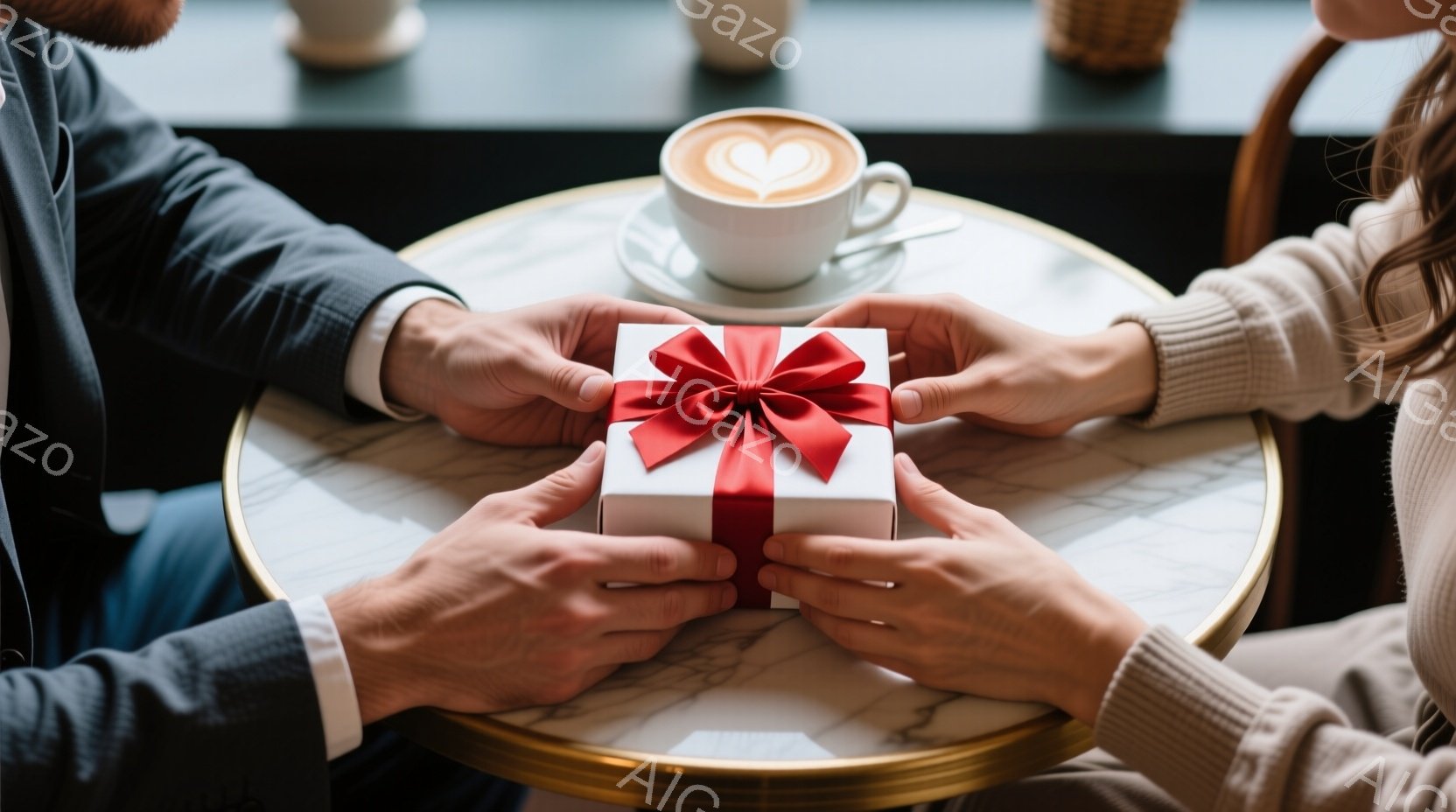 テーブルの上には、赤いリボンで飾られた白いギフトボックスが置かれ、男女の手がそれを囲んでいます。男性はグレーのスーツを着ており、女性はニット素材のセーターを着ています。背景にはぼやけたカフェの様子が見え、温かくロマンチックな雰囲気が漂っています。