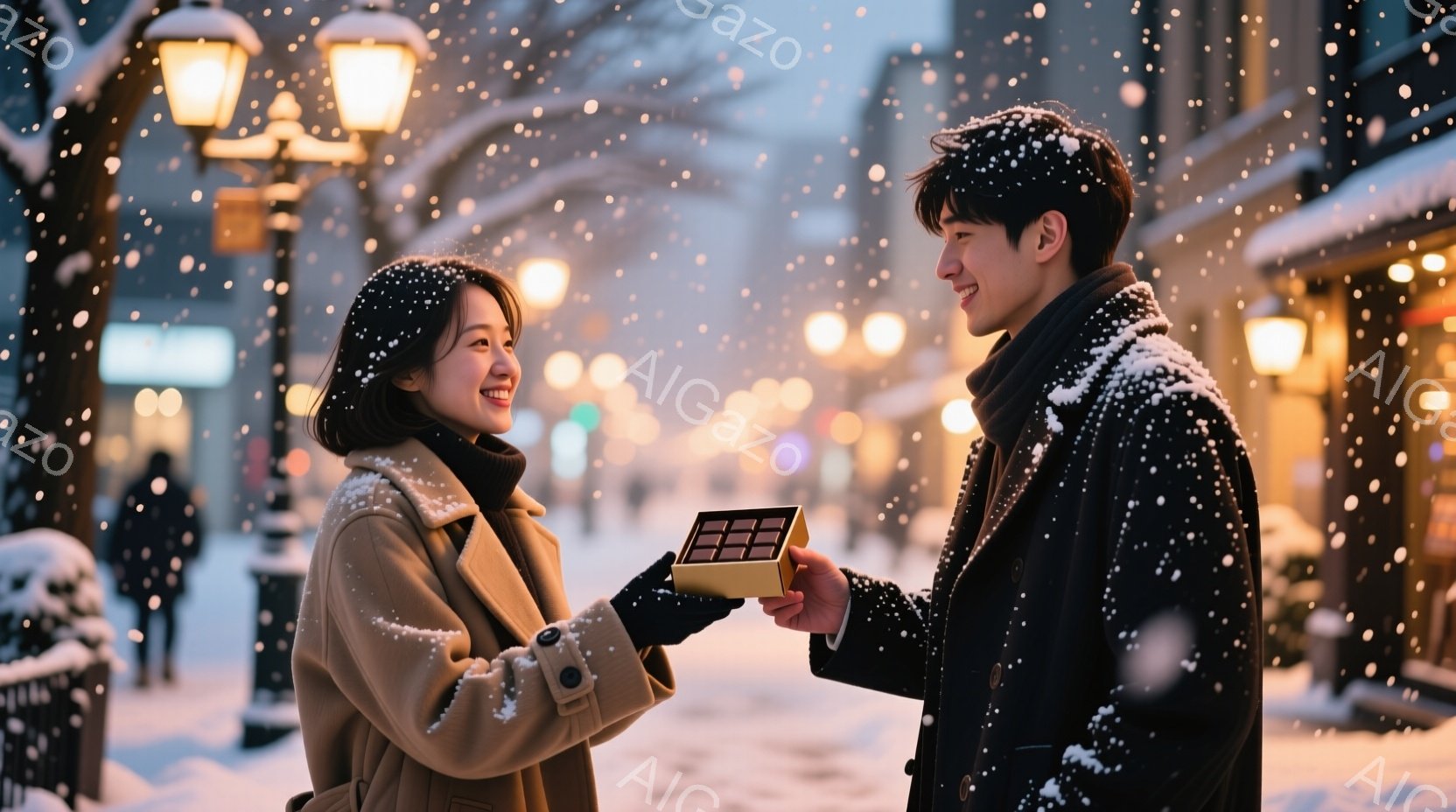 雪が降る街中で、一人の男性が女性にチョコレートの箱を渡そうとしています。女性はベージュ色のコートを着ており、短い髪で微笑んでいます。背景には、ぼやけた街並みと光る街灯があり、ロマンチックで温かい雰囲気 - AI生成フリー素材