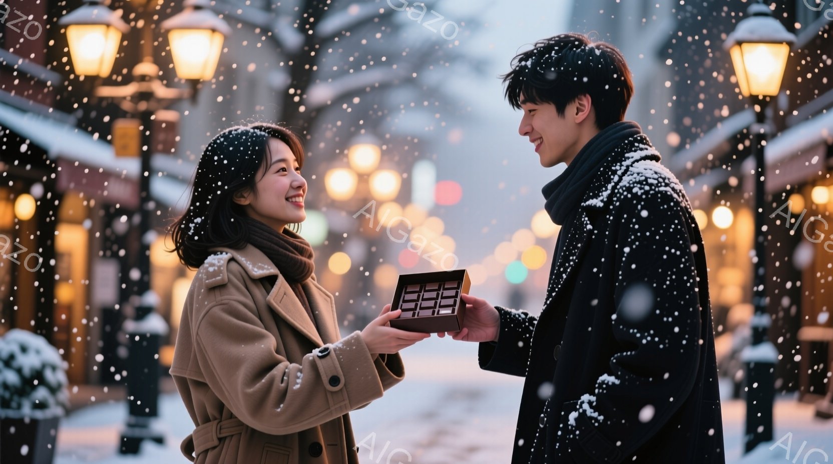 雪が降る街中で、女性はベージュ色のコートにマフラーを巻き、笑顔でプレゼントを受け取ろうとしている。男性は黒いコートを着ており、小さな箱型のチョコレートを女性に差し出している。背景にはぼやけた街灯や建物 - AI生成フリー素材