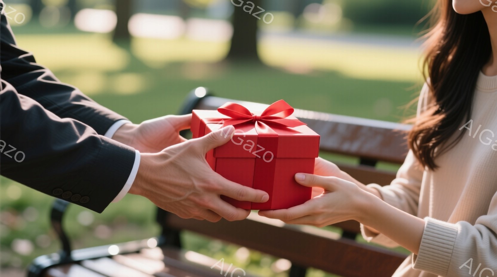 赤いギフトボックスが、ベンチに座った女性に男性から手渡されている場面です。男性は黒いスーツを着ており、女性はクリーム色のセーターを着ています。背景には緑豊かな木々と穏やかな光が広がり、ロマンチックで温かい雰囲気を醸し出しています。